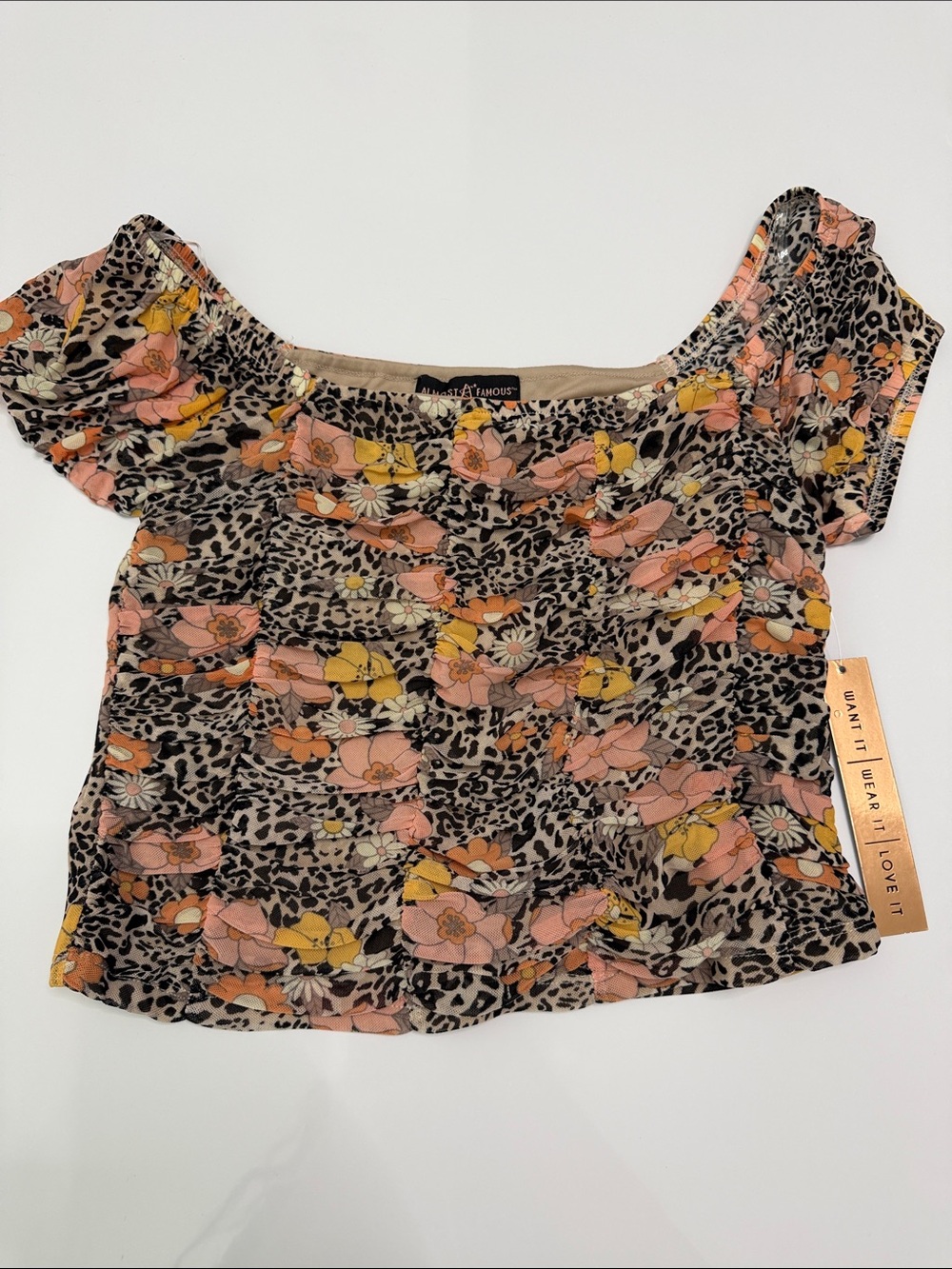 Almost Famous Peach, Yellow & Black Floral Ruched Crop Top